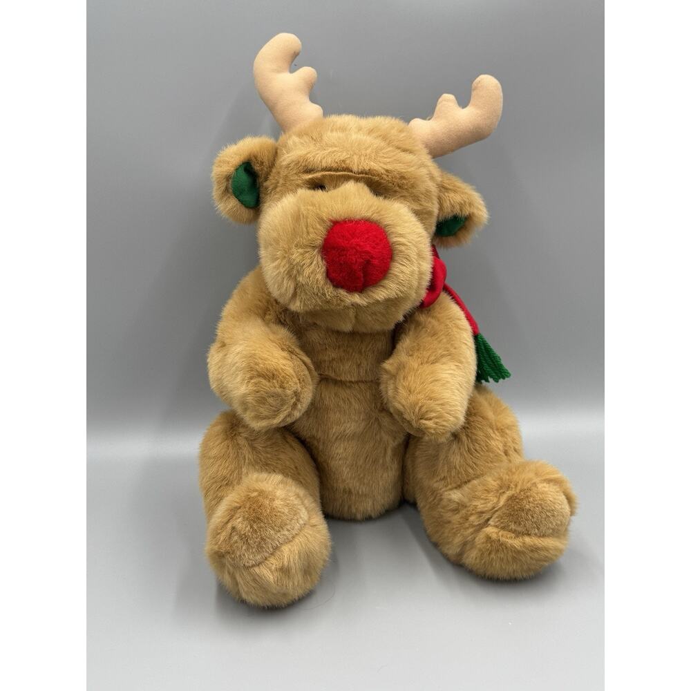 Vintage Soft Dreams Reindeer Plush In Scarf 15” Sitting Stuffed Animal Red Nose